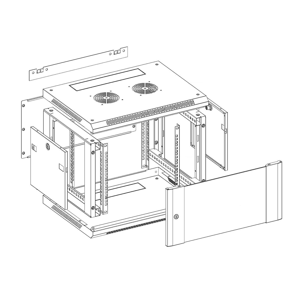 Gabinete de rack de datos para montaje en pared con puerta de vidrio de 19 pulgadas con rieles galvanizados