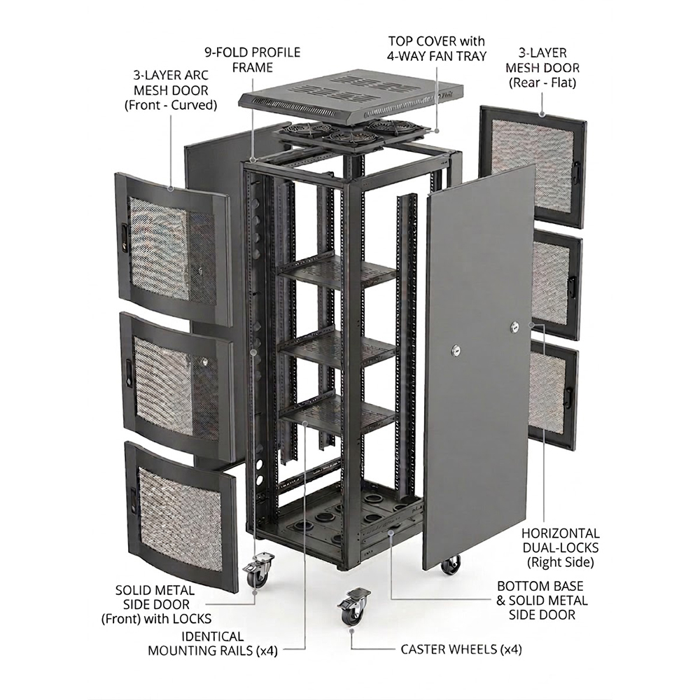 Armario Rack para Servidores 42U 3 Compartimentos 800x1000 | Gabinete de red de alta resistencia con perfil de 9 pliegues y puertas de malla ARC 