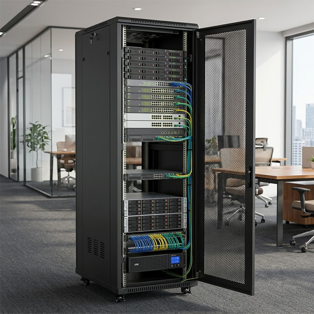 rack de servidores-completamente-cargado-con-switches
