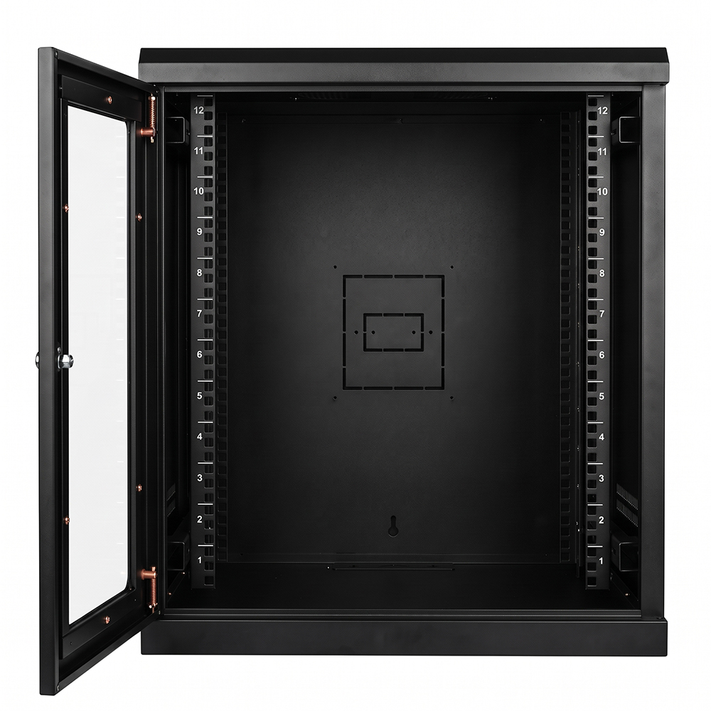 Gabinete de datos de red de montaje en pared de 19 pulgadas con puerta de vidrio tipo marco y rieles tipo S