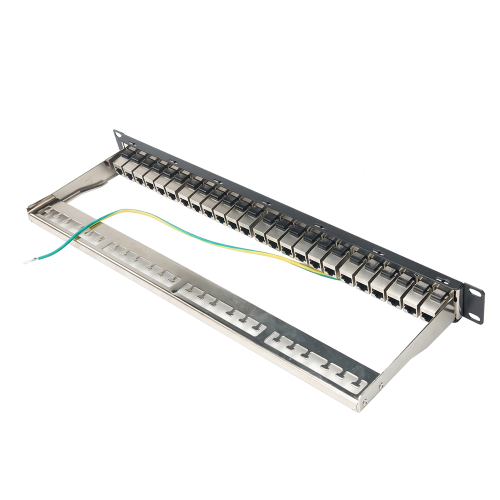 Panel de conexiones pasante STP Cat6A de 1U y 24 puertos | Panel acoplador en línea RJ45 blindado de 19' - WebiT