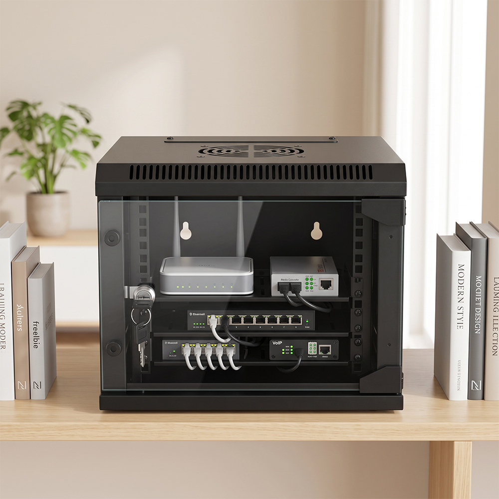 Gabinete de red de montaje en pared de 10 pulgadas - Gabinete compacto para mini servidor SOHO con puerta de vidrio templado y paneles laterales extraíbles (RAL9005 negro)