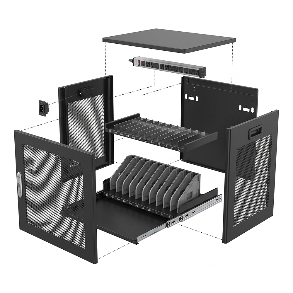 Gabinete de carga para 12 dispositivos tamaño mini para computadora portátil y Chromebook 110/220 V CA | WebiT WB-CC-XS