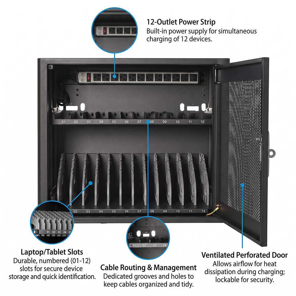 Gabinete de carga para 12 dispositivos tamaño mini para computadora portátil y Chromebook 110/220 V CA | WebiT WB-CC-XS